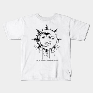 Sun and Moon,live by the sun love by the moon,vintage black and white illustration Kids T-Shirt